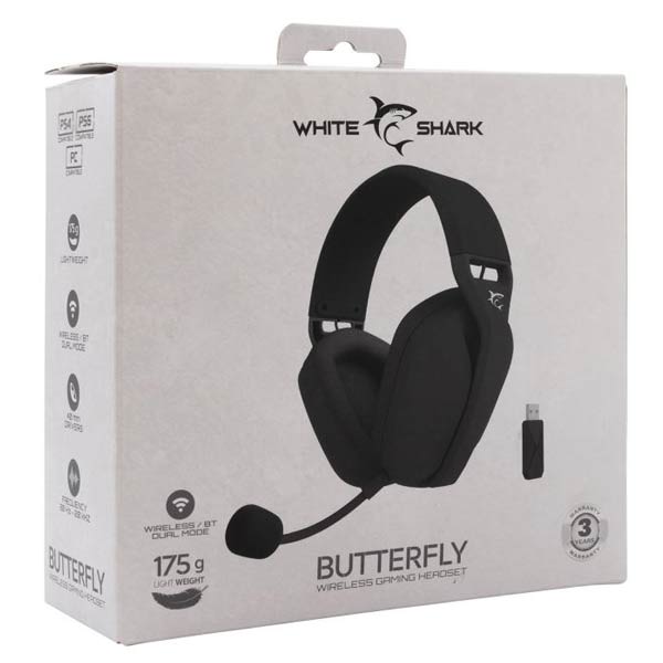White Shark vezeték nélküli játékos fülhallgatók BUTTERFLY, PC, PS4/5, XBOX, MAC, fekete White Shark vezeték nélküli játékos fülhallgatók BUTTERFLY, PC, PS4/5, XBOX, MAC, fekete