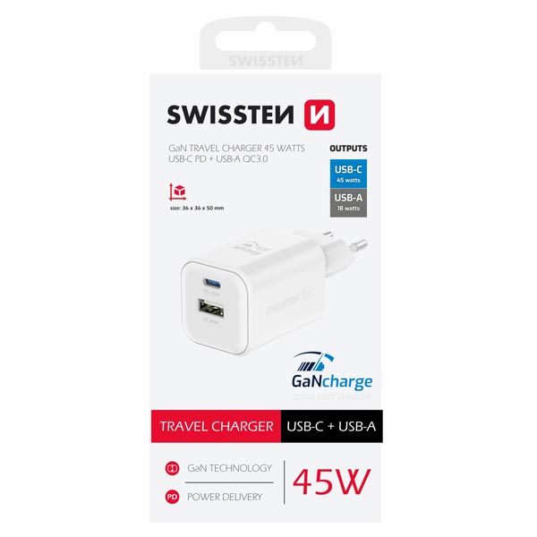 SWISSTEN GaN hálózati adapter 1 x USB-C 45 W PD és 1 x USB-A 18 W QC