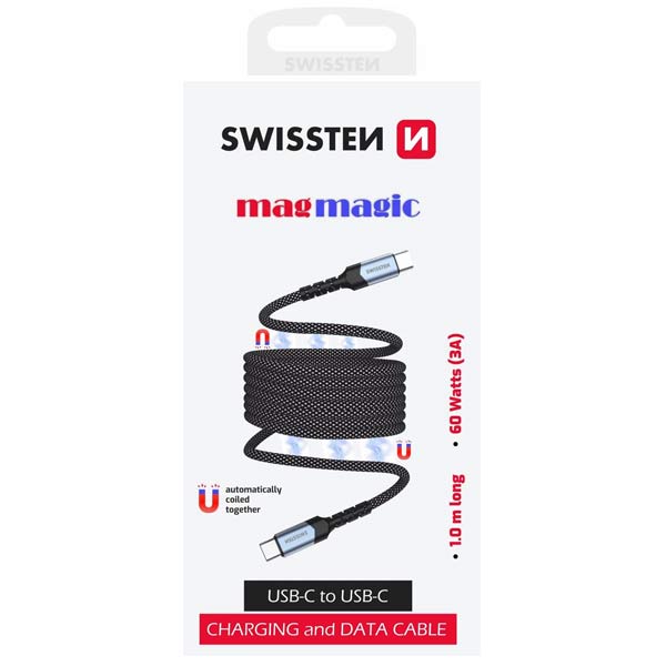SWISSTEN Mágneses adatkábel, visszahúzódó USB-C/USB-C, 1 m