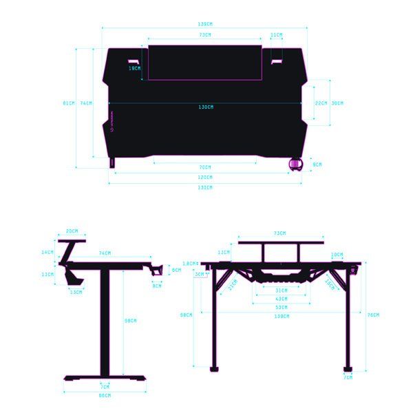 ULTRADESK Gamer játékos asztal ATOMIC, 139x74cm, 76cm, emelt monitor állvány,fejhallgató tartó, XXL alátét egész felületre.