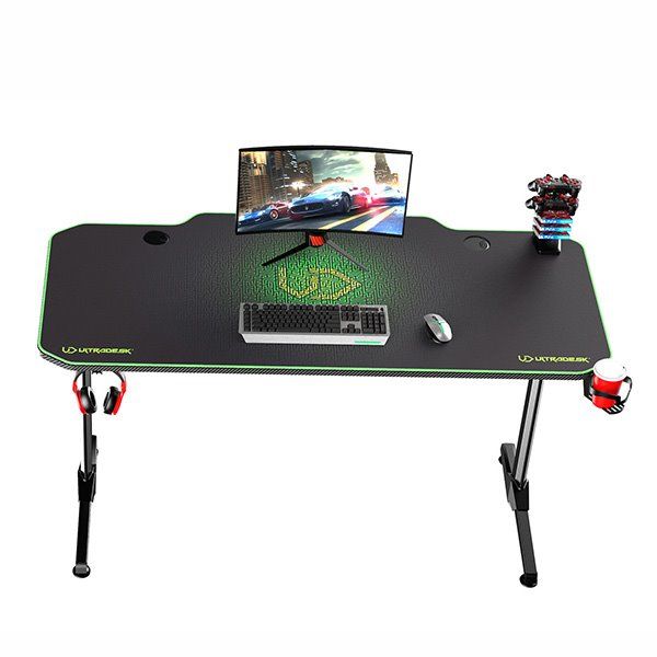 ULTRADESK Gamer játékos asztal FRAG - GREEN, 140x66 cm, 76 cm, XXL egérpad, ultradesk BEAM, fejhallgató tartó