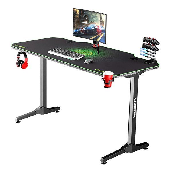 ULTRADESK Gamer játékos asztal FRAG - GREEN, 140x66 cm, 76 cm, XXL egérpad, ultradesk BEAM, fejhallgató tartó