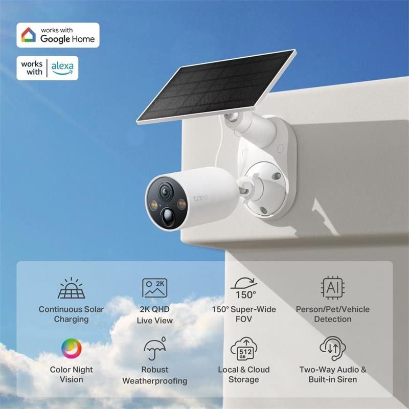 tp-link Tapo C425 KIT, Smart Wire-free Camera 2K QHD (2560x1440), 2.4 GHz, 10000mAh rechargeable lithium-ion battery + SOLAR