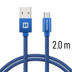 Adatkábel Swissten textil Micro-USB konnektorral, gyorstöltés támogatással, kék az pgs.hu
