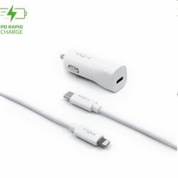 FIXED Autós töltő USB-C kábellel USB-C/Lightning MFI, PD, 1m, 18 W, fehér