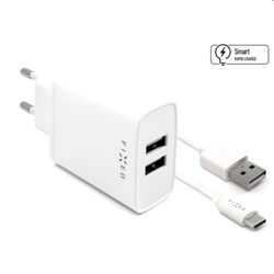 FIXED Travel töltő Smart Rapid Charge with 2 x USB,15W + Data Cabel USB/USB-C 1m, fehér - OPENBOX (Bontott csomagolás, teljes gara az pgs.hu