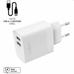 FIXED Set Hálózati töltő 2xUSB a kábel USB/Lightning 1m MFI, 17W Okos gyorstöltés, fehér