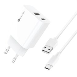 Sturdo Hálózati töltő 3A, PD, 20W, USB QC + töltőkábel USB/USB-C, fehér