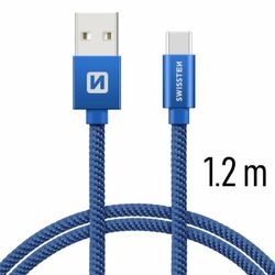 Adatkábel Swissten textil USB-C konnektorral, gyorstöltés támogatással, kék az pgs.hu