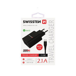 Töltő Swissten Smart IC 2.1A 2 USB konektor, adatkábel, USB/Micro USB, 1,2m, fekete